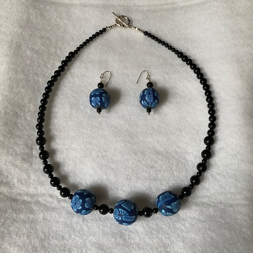 Blue and Black Necklace and matching Earrings